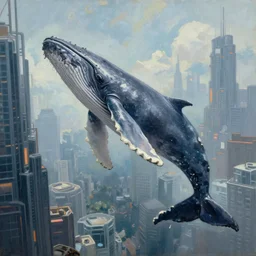 a beautiful painting of a humpback whale suspended in mid air near a skycraper, cyberpunk city, hyperrealistic!, realistic, cinematic shot, volumetric light, detailed, epic