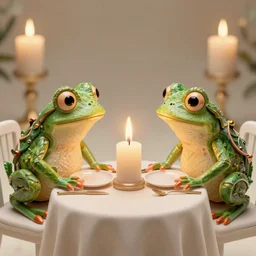 intricate romantic candle light dinner of two frogs