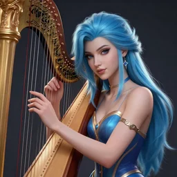 elegant sona, from league of legends, with an harp, light blue hair, hyper detailed, digital art, trending in artstation, cinematic lighting, studio quality, smooth render, unreal engine 5 rendered, octane rendered, art style by klimt and nixeu and ian sprigger and wlop and krenz cushart