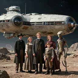 sharp, detailed, 256k film still from a sci fi blockbuster color movie made in 2022, set in 1860, of a family standing in front of a spaceship that has just landed on an alien planet, a humanoid alien creature stands nearby, the family are all wearing 1850s era clothes, good lighting, good photography, sharp focus