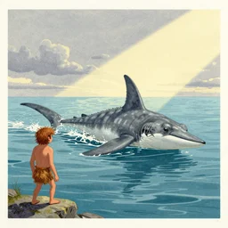 grainy risograph, painting of a prehistoric caveman, pastel colors, swimming to escape plesiosaurus by moebius and lehr paul and kim jung gi