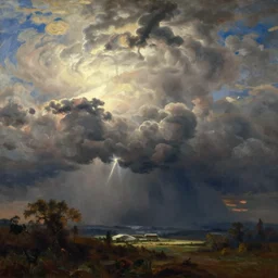 a beautiful painting of epic skycape with thunder clouds and storm over a moody landscape by albert bierstadt and joseph zbukvic, moody color scheme, high detail, trending on artstation, orange - 1 0, yellow - 1 0