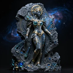 intricate detailed sculpture of futuristic cosmic space empress grambiah, stone and glass, gorgeous, high contrast, blue gold and black