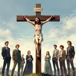 jesus on an upside down cross by artgerm, tooth wu, dan mumford, beeple, wlop, rossdraws, james jean, marc simonetti, artstation giuseppe dangelico pino and michael garmash and rob rey and greg manchess and huang guangjian and makoto shinkai