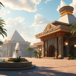 a wholesome animation key shot of a futuristic egyptian park plaza, by studio ghibli, animation, sharp, rendered in unreal engine 5, focused, anime key art by greg rutkowski, bloom, dramatic lighting