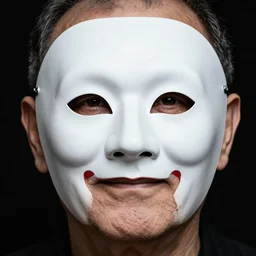 high contrast studio close - up portrait of a wrinkled old man wearing a pulcinella mask, clear eyes looking into camera, baggy clothing and hat, backlit, dark mood, nikon, photo by george hurrell, masterpiece