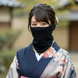 japanese female balaclava face mask with golden necklace and kimono, photo portrait, beautiful female model