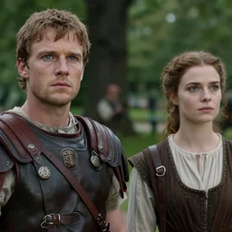 sharp, highly detailed, film from a 2 0 1 9 sci fi 8 k movie, time travelers suddenly appear in a park in 2 0 1 9, a man from the roman empire and a woman from 1 8 5 0, each wearing correct era clothes, atmospheric lighting, in focus, reflective eyes, 3 5 mm macro lens, nice composition