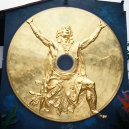 gold disc embossed with the image of a human figure that represents a shamanic practitioner in the throes of spiritual ecstasy, street art, mural art, magnificent, figurative, mystical, colossal, disposable camera photo, by siudmak, by kim whanki, by joshua middleton
