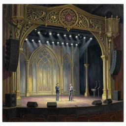 live performance stage, ornate gothic style with lights and large sound speakers, by Megan Duncanson and Raphael Lacoste, detailed 3d gothic oil painting