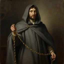 a man wearing a long cloak and hood, holding golden chains, oil painting, portrait, high detail
