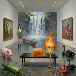 painting of a flooded art gallery, black bench seat, a tall emo girl, honeycomb, a burning canoe and knotted hemp rope, art gallery interior, pigs, courgette, waterfall, pomegranates, octopus, zen, black swans, berries, surrealist, by magritte and monet