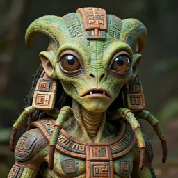 portrait of a mayan alien!! creature, martian - like face, wide giant eyes, green skin, spider - like mouth, ritualisic creature, detailed face, clear eyes, clear mouth, aztec tatoos, mayan body painting, tenochtitlan, looking towards the camera. high details, demigod.
