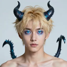 a blond young man with luminescent glittering blue eyes and demon horns and a spiked tail. Toby Lewin