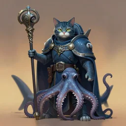 full character potrait of a genetic combination between cat & shark & octopus, holding a ceremonial staff, wearing a cloak, zdzislaw beksinski, lewis jones, dariusz zawadzki, wayne barlow, warhammer fantasy, cold hue's, warm tone gradient background, concept art, 4 k, ultra - high - definition