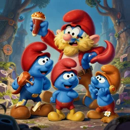 wow! smurfs defeat gargamel in violent way, d & d, high fantasy, detailed, digital art, artstation, smooth, sharp focus, art by artgerm, greg rutkowski, alphonse mucha