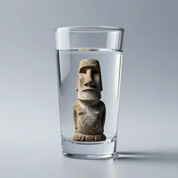 a beautiful render of a single glass of water with little moai sculpture inside the glass, eastern island, rapa nui, photoreal, flash strobist, octane render, wide angle, ultra sharp, detailed