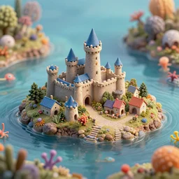 tiny kingdom castles and village in a tidal pool with small sea creatures, beautiful, soft light, artstation, macro photography, highly detailed,