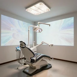 low ceiling room interior with ceramic dentist style leather chair and projection mapped walls, octane render, intricate details