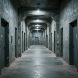 The wide hallways in a futuristic prison underground, brutalist liminal architecture, sigma 85mm f/1.4, 4k, depth of field, high resolution, 4k, 8k, hd, full color
