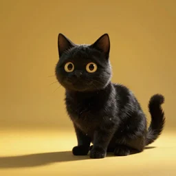 Black cat on a yellow solid background. Pixar Style