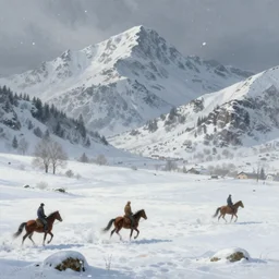 Landscape of snowy mountains where we can perceive in the distance two riders on horses crossing the snow, snow storm, highly detailed, digital painting, artstation, concept art, illustration, art by Bayard Wu and Marc Simonetti and Diego Gisbert Llorens