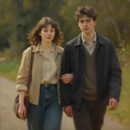 oil painting, young lovers leaving together, cinematic lighting, wow, establishing shot