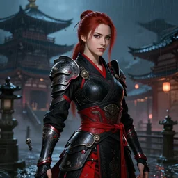 portrait of emma stone as ninja gaiden girl, armored black and red ninja wardrobe, in ruin japanese rainy temple night, sci - fi and fantasy, intricate and very very beautiful and elegant, highly detailed, digital painting, artstation, concept art, smooth and sharp focus, illustration, art by tian zi and wlop and alphonse mucha