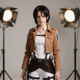 photoshoot of model bridget hollitt dressed as mikasa ackerman from attack on titan, studio lighting, soft focus