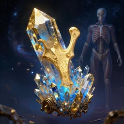 energy conduction, golden prussian blue crystal, time travel, anatomy, hyper detailed, oracle bones symble, galaxy, steampunk, as trending on artstation