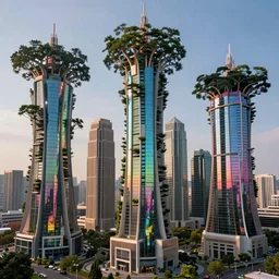 biomorphic iridescent vertical city with huge trees and massive buildings, fine art photography masterpiece, lee madgwick jason limon, dramatic lighting, long shot, wide angle, uhd 8 k, sharp focus