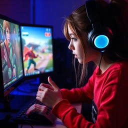 gamer girl playing game on a pc, looking at the screen
