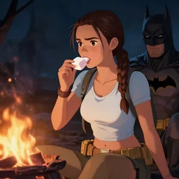 lara croft eating marshmallows with batman over a fire at night