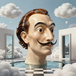hyperrealistic random objects in a surreal minimalistic dreamscape environment by salvador dali, enormous melting mannequin head statue, highly detailed, 3 d render, beautiful clouds, octane, beautiful lighting, photorealistic, intricate, elegant, wayne barlowe, water, mirrors, doorway, beautiful, masterpiece, trending on artstation, artgerm, checkered floor