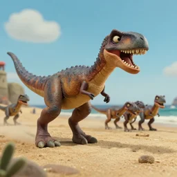 A movie screenshot of Velociraptors storming the beach at Normandy, directed by Henry Selick and Tim Burton, claymation.