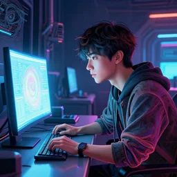 the portrait of a man staring at a glowing monitor on a desk in a futuristic computerworkroom, young idol, an ultrafine hyperdetailed illustration by kim jung gi, irakli nadar, intricate linework, fluorescent colors, octopath traveler, unreal engine 5 highly rendered, global illumination, radiant light, detailed and intricate environment, 8 k