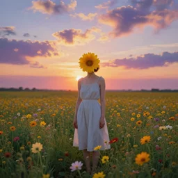 woman with a flower head standing in flower field, surreal photography, photo manipulation, sunrise, impressionist painting, colorful clouds, artstation, simon stalenhag