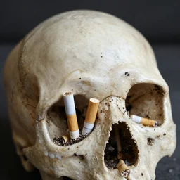 close up top of human skull missing and filled with cigarette butts, dark blurry background