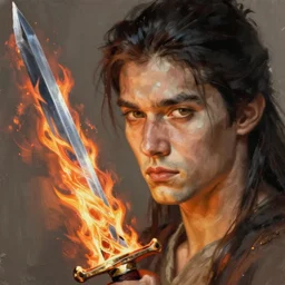 a sword where the blade is a fire tornado, painting by frank frazetta, highly detailed, high quality, 8 k, soft lighting, realistic face, path traced