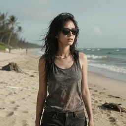 A woman wearing sunglasses on a beach in a post apocalyptic world