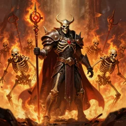 great skeletal Overlord Ainz Ooal Gown and his fiery army of skeletons from hell. Artwork by Cushart, Krenz