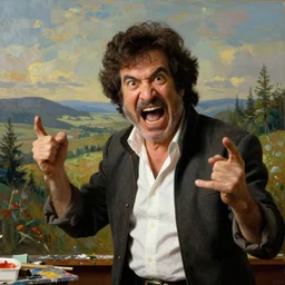 bob ross screaming at his painting in an uncontrollable fit of rage