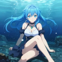 a woman with blue hair sitting underwater, a beautiful anime drawing by yuumei, featured on pixiv, pixiv, seapunk, very anime anime!! detailed
