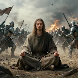 cinematic artwork of russell brand in a robe sitting cross legged meditating while a battle of medieval warriors rages on around him by greg rutowski, 4 k, fantasy, masterpiece