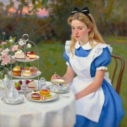 alice's afternoon tea, summer evening, a painting by kenton nelson.
