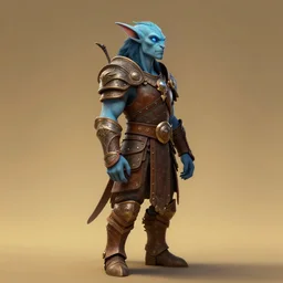 noble character design of an air Genasi wearing leather armor, lightblue skin, glowing blue eyes, sideview, d&d, full body, warm lighting, symmetrical face, subtle vibrancy, pathfinder, by christophe young, charlie bowater, HD