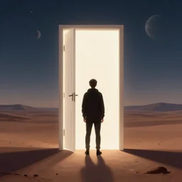 a person standing in front of a glowy open door that's on a barren planet, poster art by mike winkelmann, trending on cg society, space art, sci - fi, ue 5, futuristic, volumetric lighting, synthwave, isometric