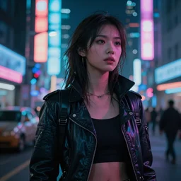 ultra realistic and intricate detailed photograph of a cyberpunk woman in streets, neon, cyberpunk, technology, innovation, bright modern style, blade runner, artstation, unreal render, depth of field, ambient lighting, award winning, stunning