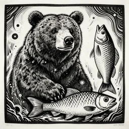 an extremely high quality hd, a drawing of a bear and a fish, a woodcut by gary panter, deviantart, underground comix, lovecraftian, woodcut, cosmic horror, 8 k, ultra realistic, very realistic