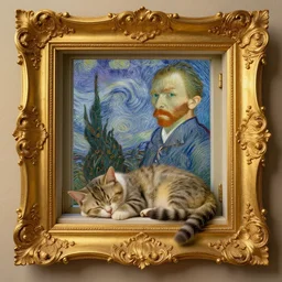 a small cat sleeping on a small windowsill, studio lighting, golden ratio, details, masterpiece, fine art, intricate, decadent, ornate, highly detailed, digital painting, octane render, ray tracing reflections, 8 k, artstation, concept art, smooth, sharp focus, illustration, art by claude monet and vincent van gogh and van eyck